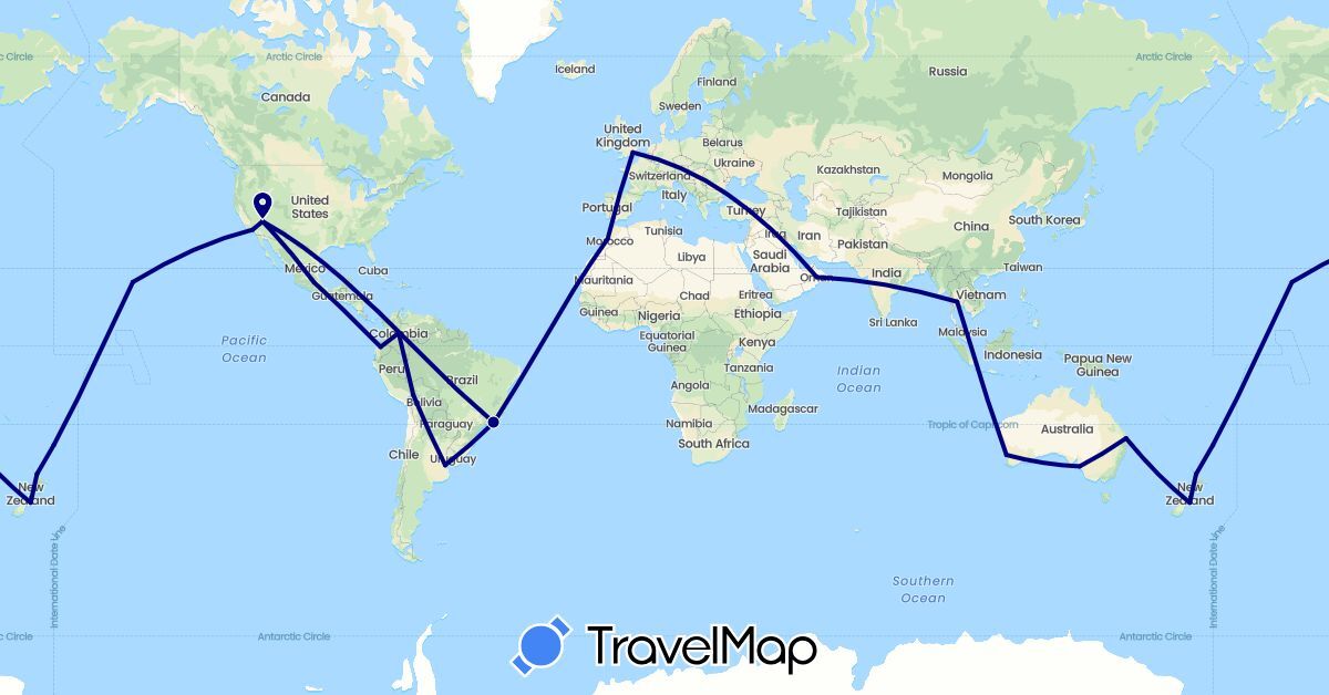 TravelMap itinerary: driving in Argentina, Australia, Bolivia, Brazil, Colombia, Ecuador, United Kingdom, Morocco, Mexico, New Zealand, Oman, Thailand, United States (Africa, Asia, Europe, North America, Oceania, South America)